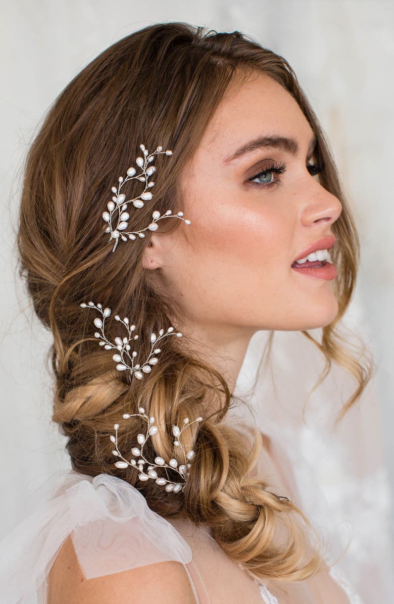 Brides & Hairpins Kassia Set of 3 Pearl Hair Pins, Alternate, color, Silver
