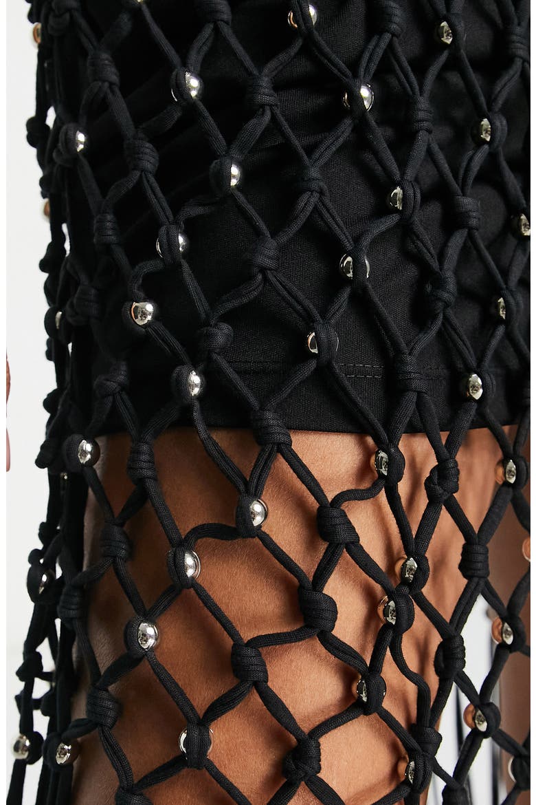 Stud Fringe Overlay Dress, Alternate, color, BLACK