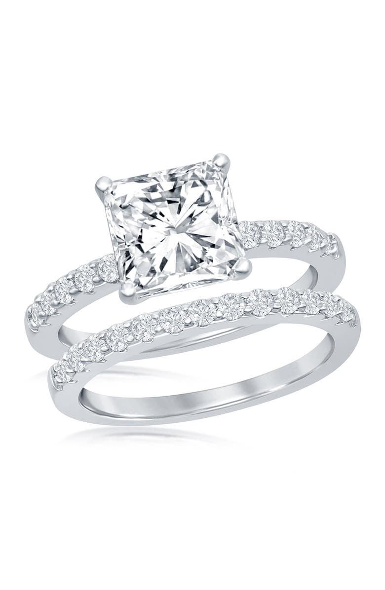 SIMONA Sterling Silver Princess-Cut CZ Engagement Ring & Wedding Band Set, Main, color,