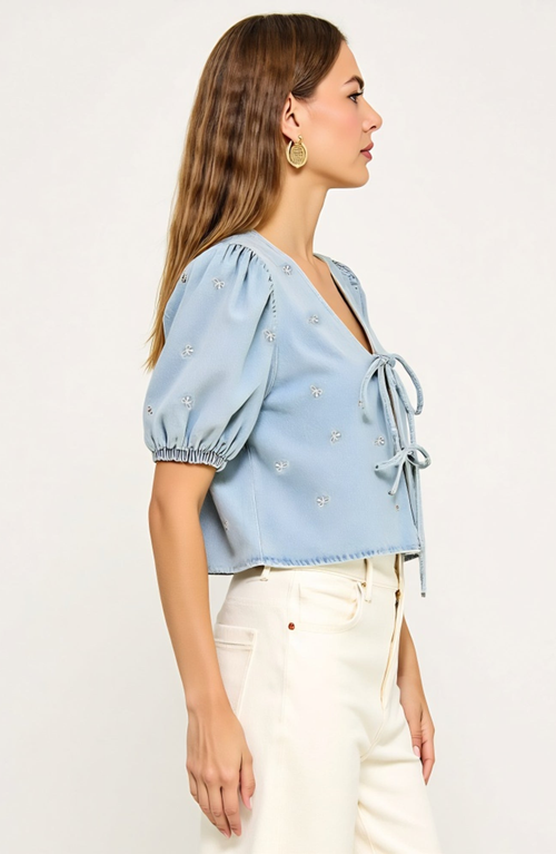 Modenaire Embroidered Bow Puff Sleeve Top With Front Tie Detail And V-neckline