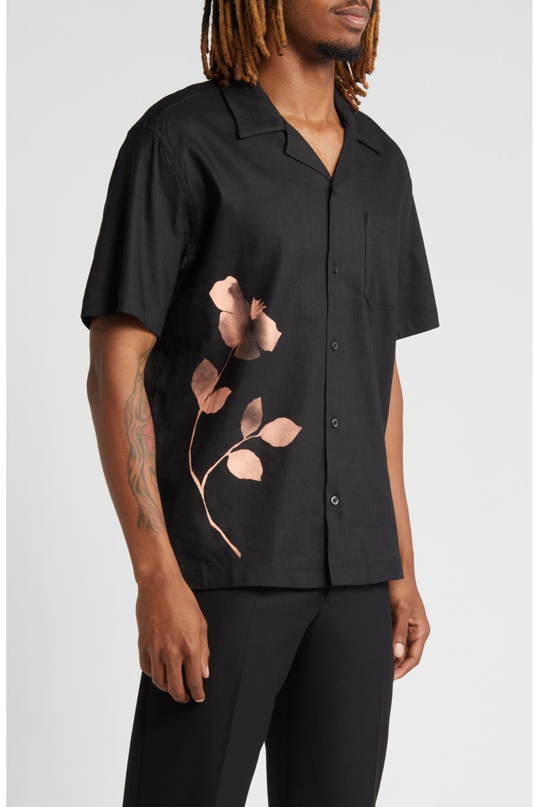 Canty Floral Impressions Linen Blend Camp Shirt, Alternate, color, BLACK