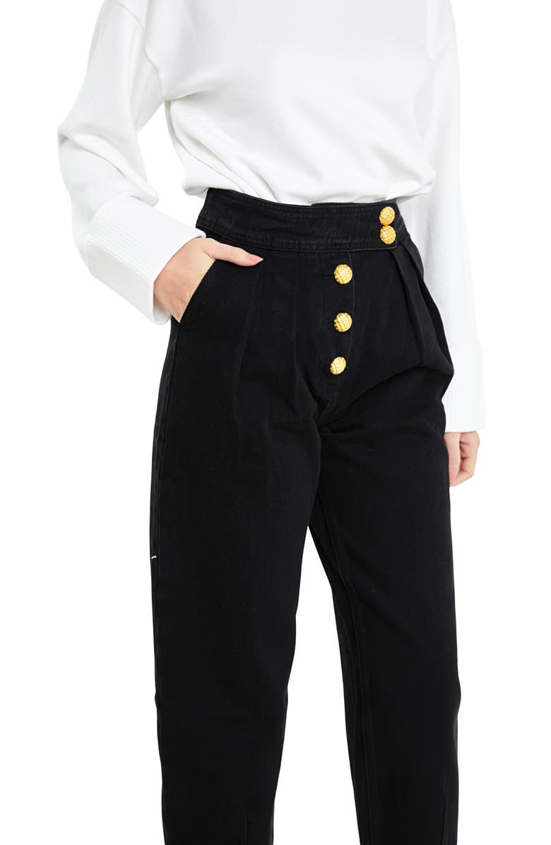 English Factory Premium Pleated Crop Wide Leg Denim Trousers, Alternate, color, Black