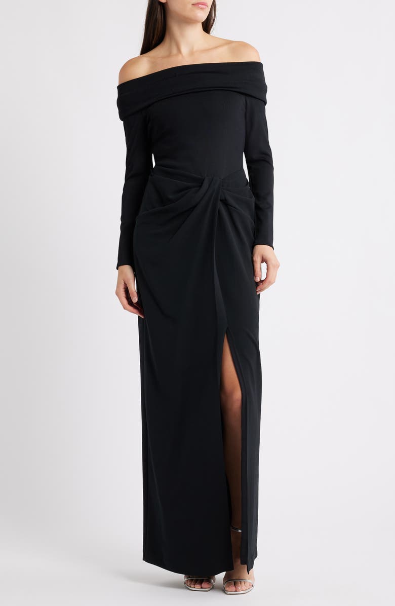 Lauren Ralph Lauren Off the Shoulder Long Sleeve Rib & Crepe Gown, Main, color, Black