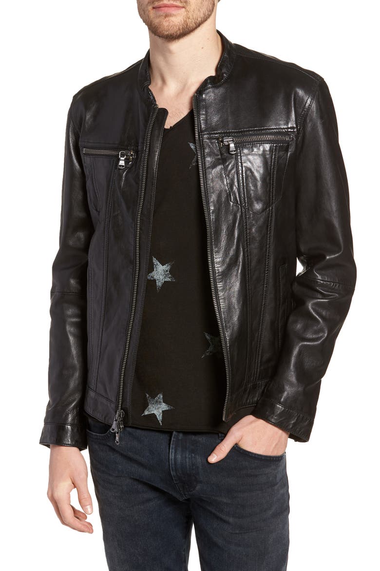 Band Collar Leather Jacket, Main, color, BLACK