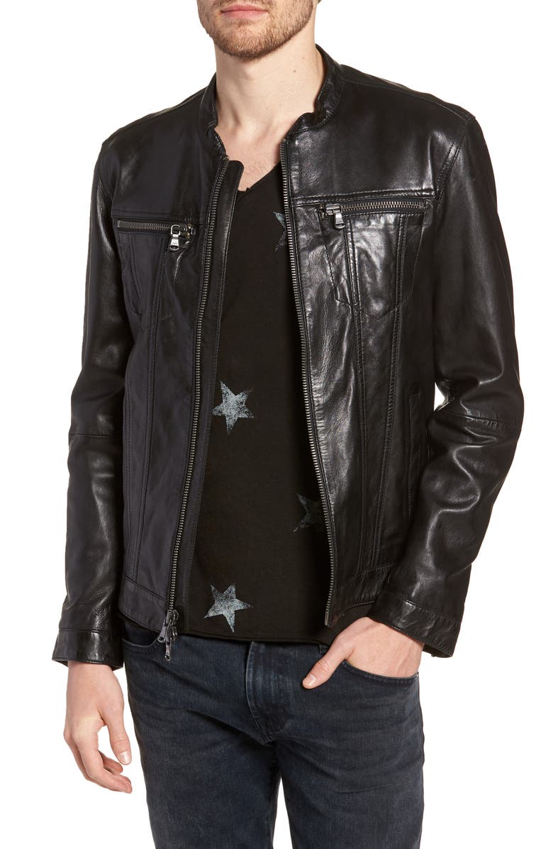 John Varvatos Band Collar Leather Jacket, Main, color, Black