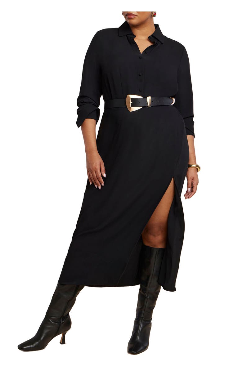 ELOQUII Collared Maxi Shirt Dress, Main, color, Black Onyx