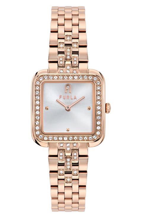 Heritage Crystal Square Rose Gold Tone Bracelet Watch, 27.5mm