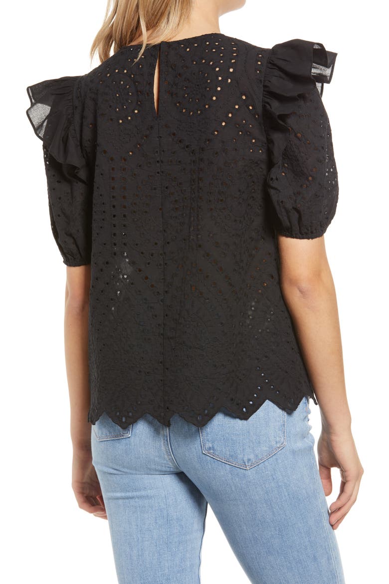 Ruffle Puff Sleeve Cotton Eyelet Top, Alternate, color, BLACK