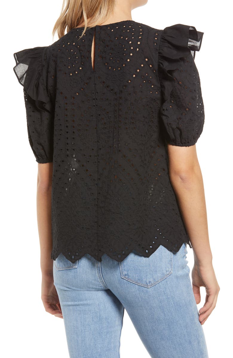 English Factory Ruffle Puff Sleeve Cotton Eyelet Top, Alternate, color, 