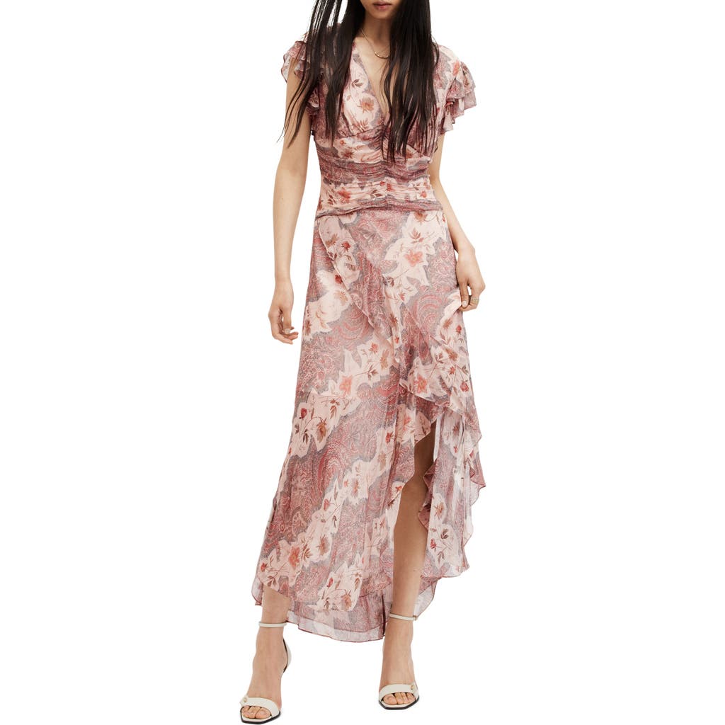 Allsaints Brea Floral Print Cascade Maxi Dress In Clay Pink