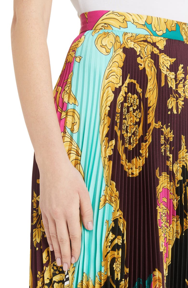 Versace Colorblock Mixed Print Pleated Midi Skirt, Alternate, color,