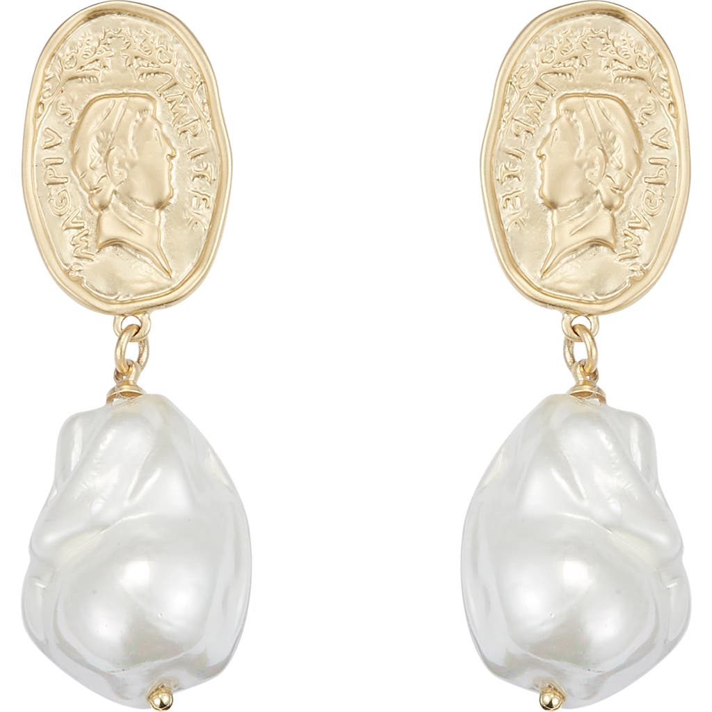 Classicharms Matted Gold Sculpted Oversized Baroque Pearl Drop Earrings In Gold
