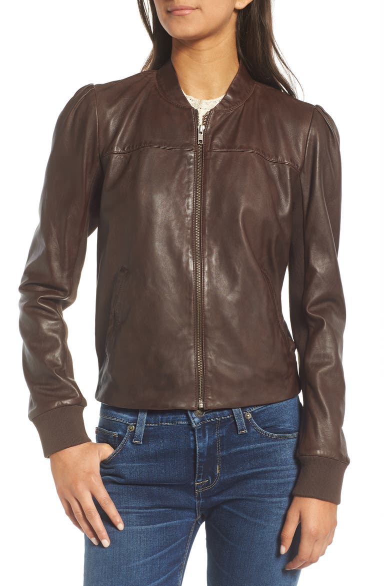 Shrunken Leather Bomber Jacket, Alternate, color, BROWN COFFEE