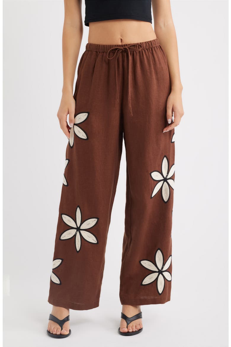 Emmie Embroidered Floral Drawstring Linen Pants, Main, color, COCOA FLORAL EMBROIDERY