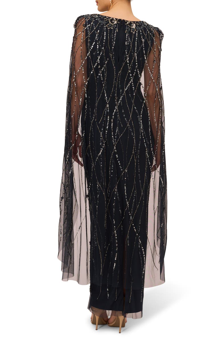 Adrianna Papell Beaded Sequin Long Sleeve Cape Overlay Column Gown, Alternate, color,