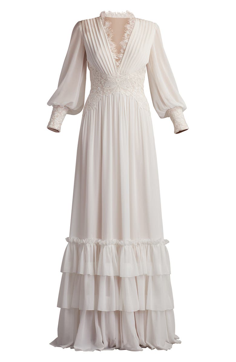 Tadashi Shoji Ruffle Pleated Long Sleeve Chiffon Gown, Alternate, color, Ivory/ Petal