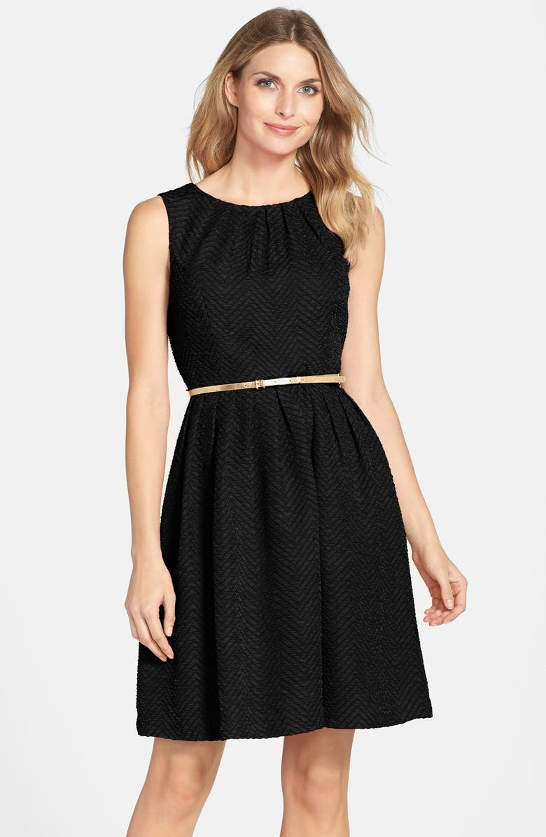 Ellen Tracy Belted Herringbone Stretch Fit & Flare Dress, Main, color, 