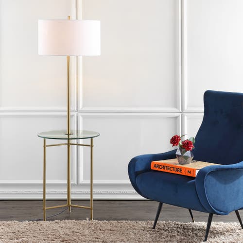 Jonathan Y Charles 59" Metal/glass Led Side Table And Floor Lamp, Brass In Brass Gold