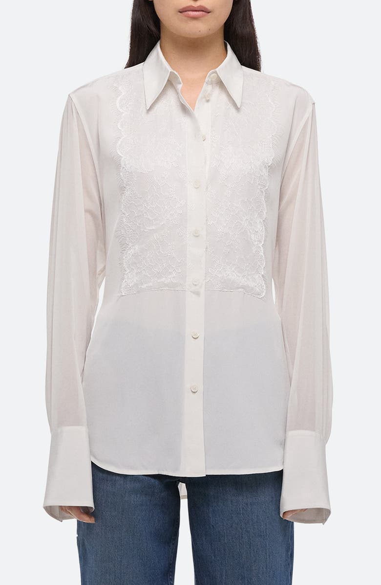 Helmut Lang Mixed Media Lace Button-Up Shirt, Main, color, White - 100