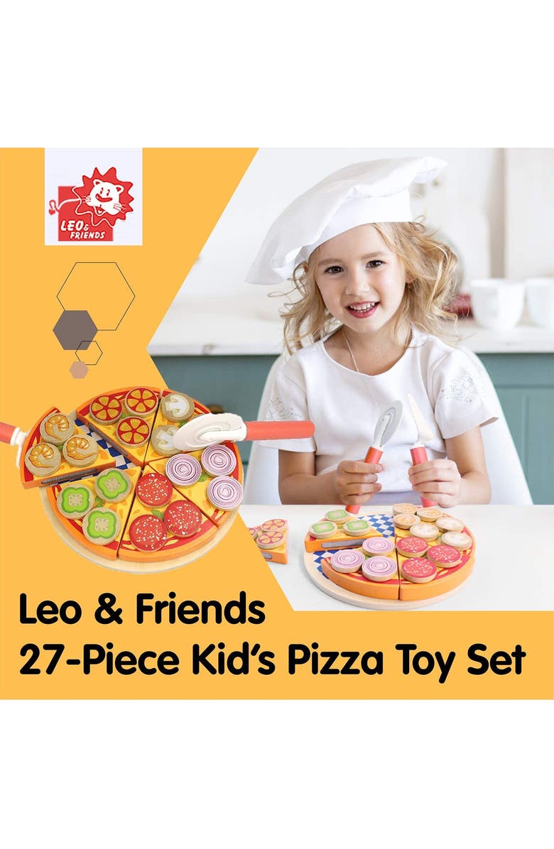 Leo & Friends 27-Piece Kid's Pizza Toy Set | Play Pretend Pizza Toy Slices, Toppings, Pizza Cutter for Toddlers, Alternate, color, Red