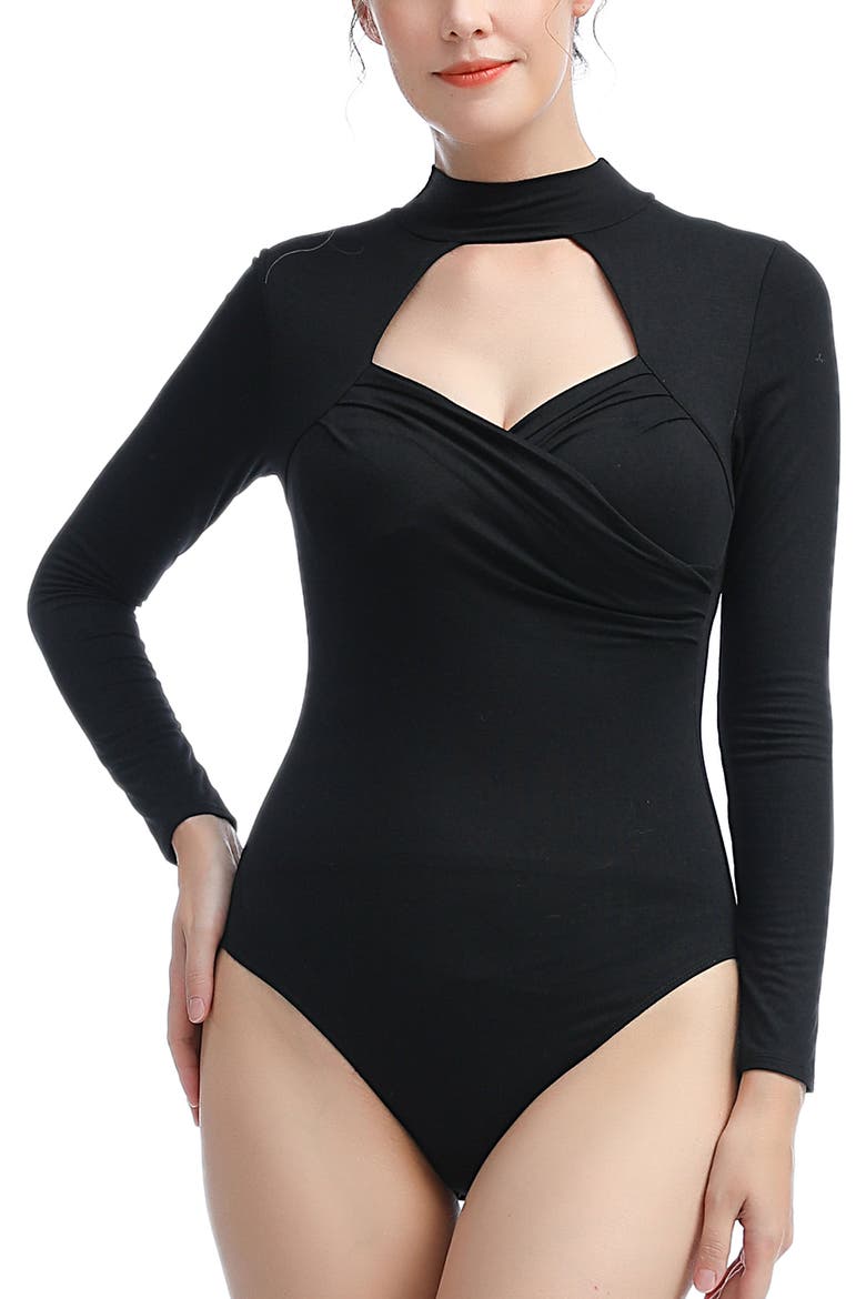 Min Faux Wrap Turtle Neck Bodysuit, Main, color, Black