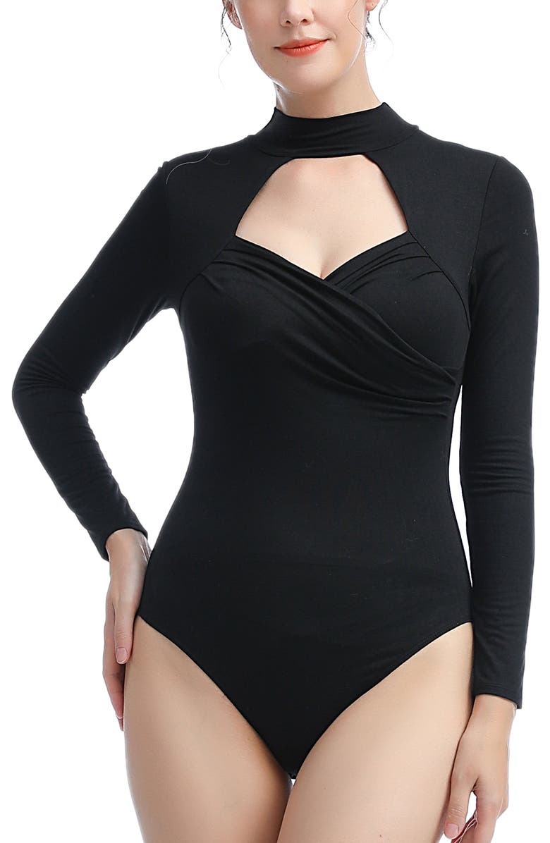 Kimi & Kai Min Faux Wrap Turtle Neck Bodysuit, Main, color, Black