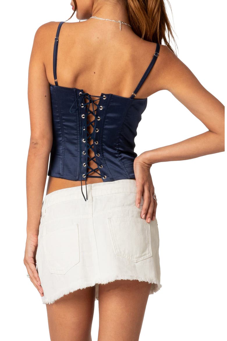 Arabelle Colorblock Lace-Up Satin Corset Top, Alternate, color, NAVY