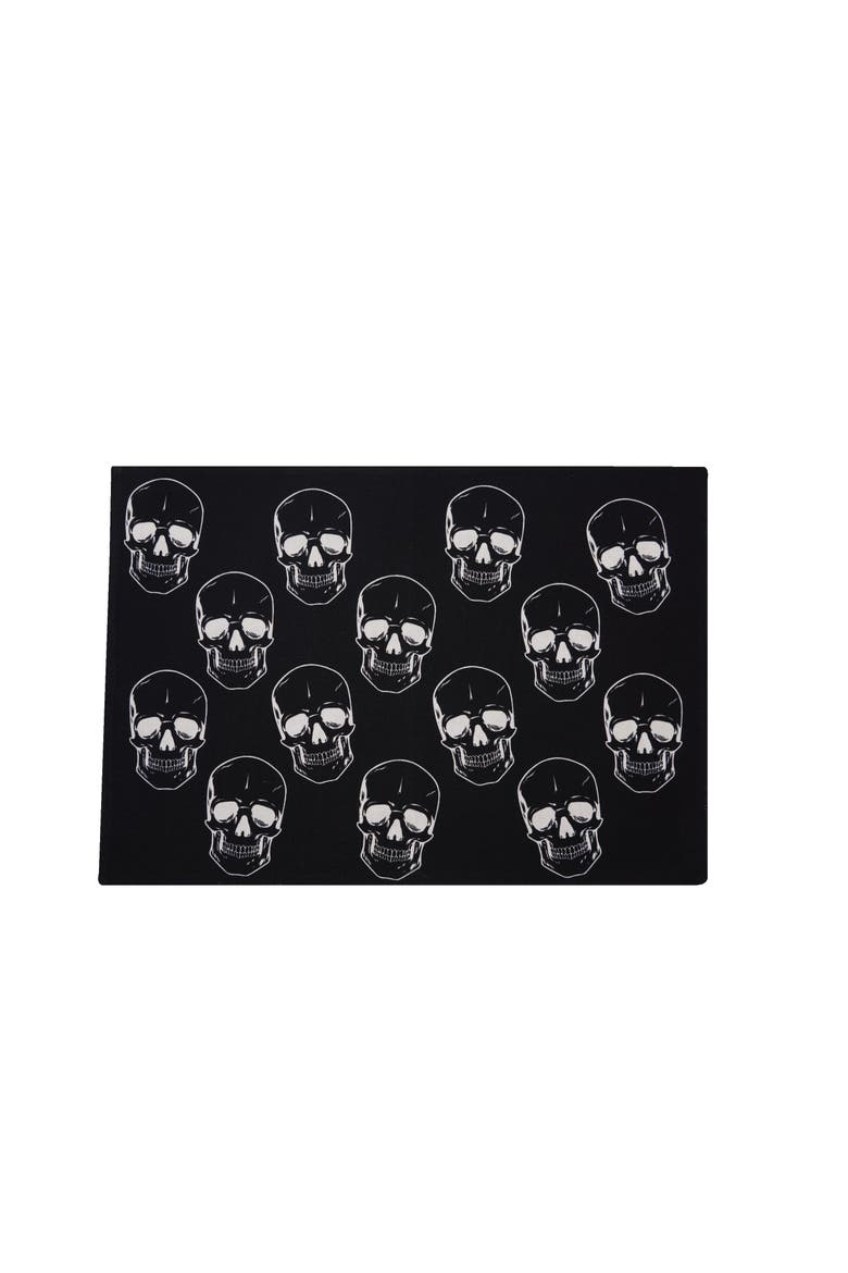 Skully Pattern Motifs Black & White 100% Cotton Halloween Single Placemat 14" x 20", Main, color, White