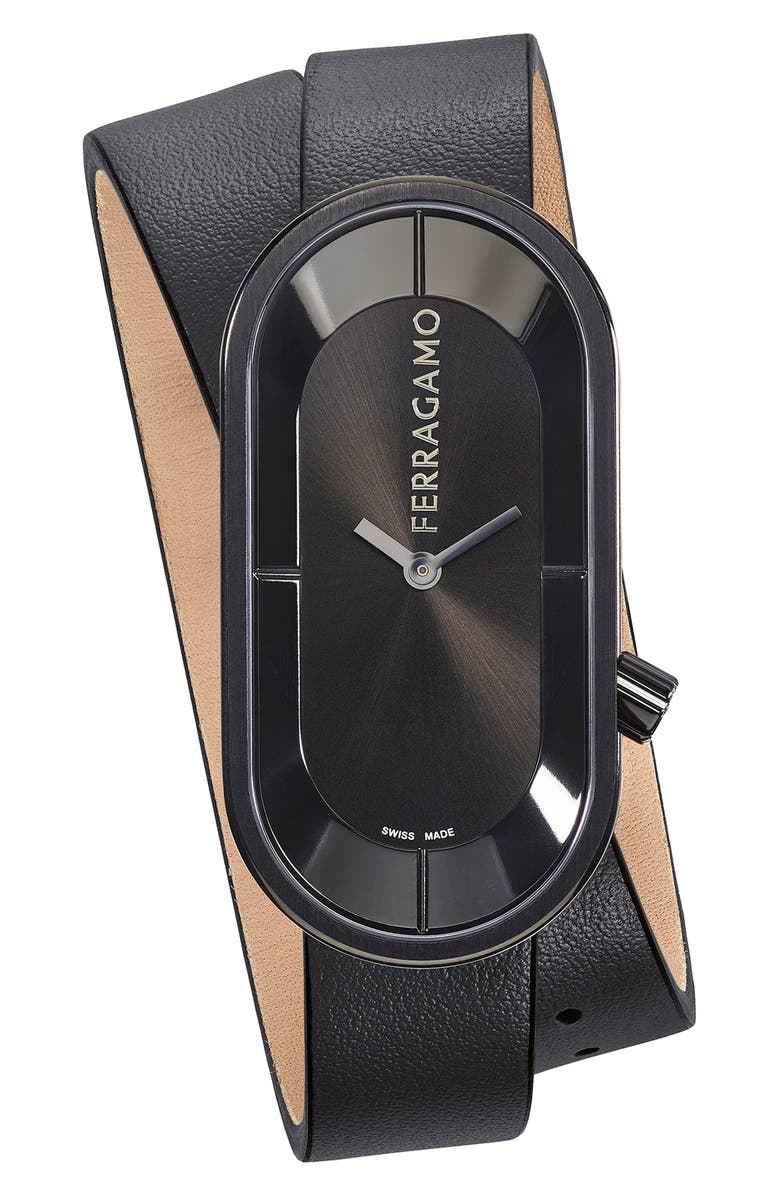 FERRAGAMO Curve Leather Strap Watch, 23mm x 46mm, Main, color, Ip Black