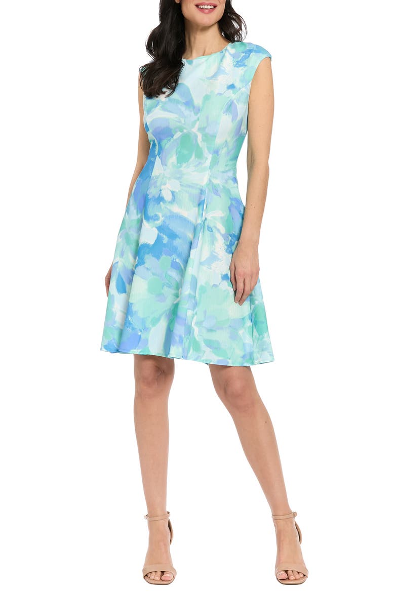 Floral Cap Sleeve Fit & Flare Dress, Main, color, SAGE/ VISTA BLUE