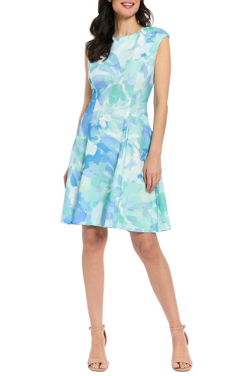 London Times Floral Cap Sleeve Fit & Flare Dress, Main, color, Sage/ Vista Blue