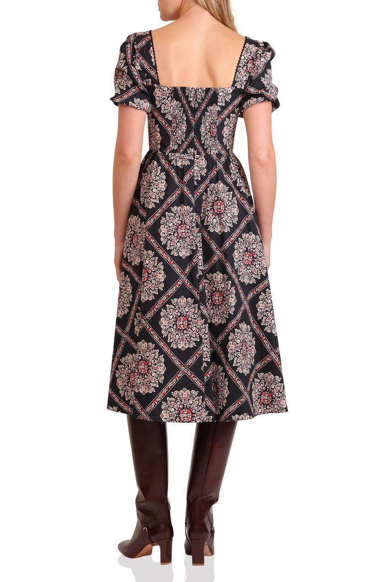 Botanical Print Corset Bodice Stretch Cotton Midi Dress, Alternate, color, FLORENTINE FOULARD