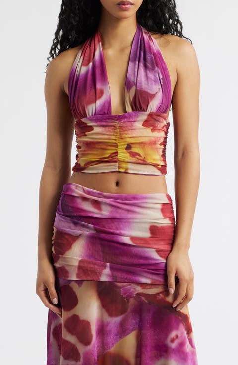 Festa Print Plunge Halter Neck Crop Top