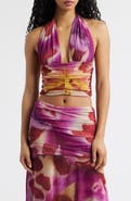 Feners Festa Print Plunge Halter Neck Crop Top