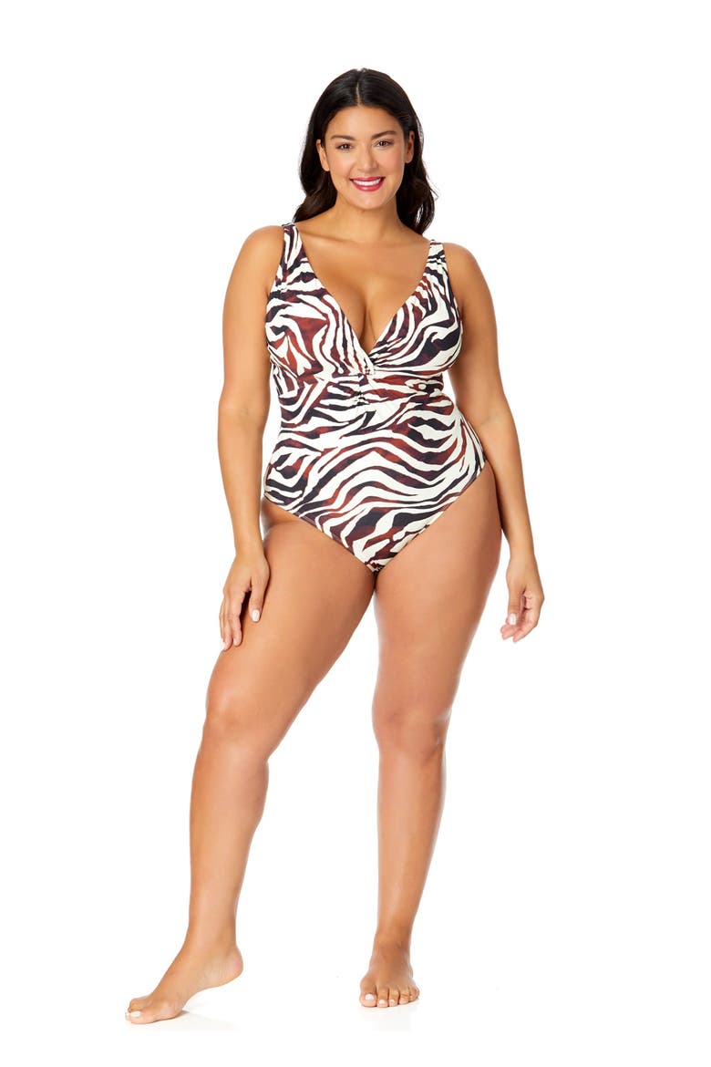 Women's Plus Tiger Dance Plunge Twist One Piece Swimsuit, Alternate, color, Tiger Dance