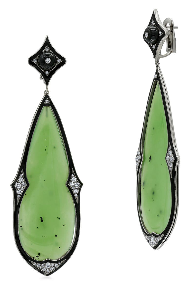 Green Nephrite, Black Jade & Diamond Drop Earrings, Main, color, WHITE GOLD