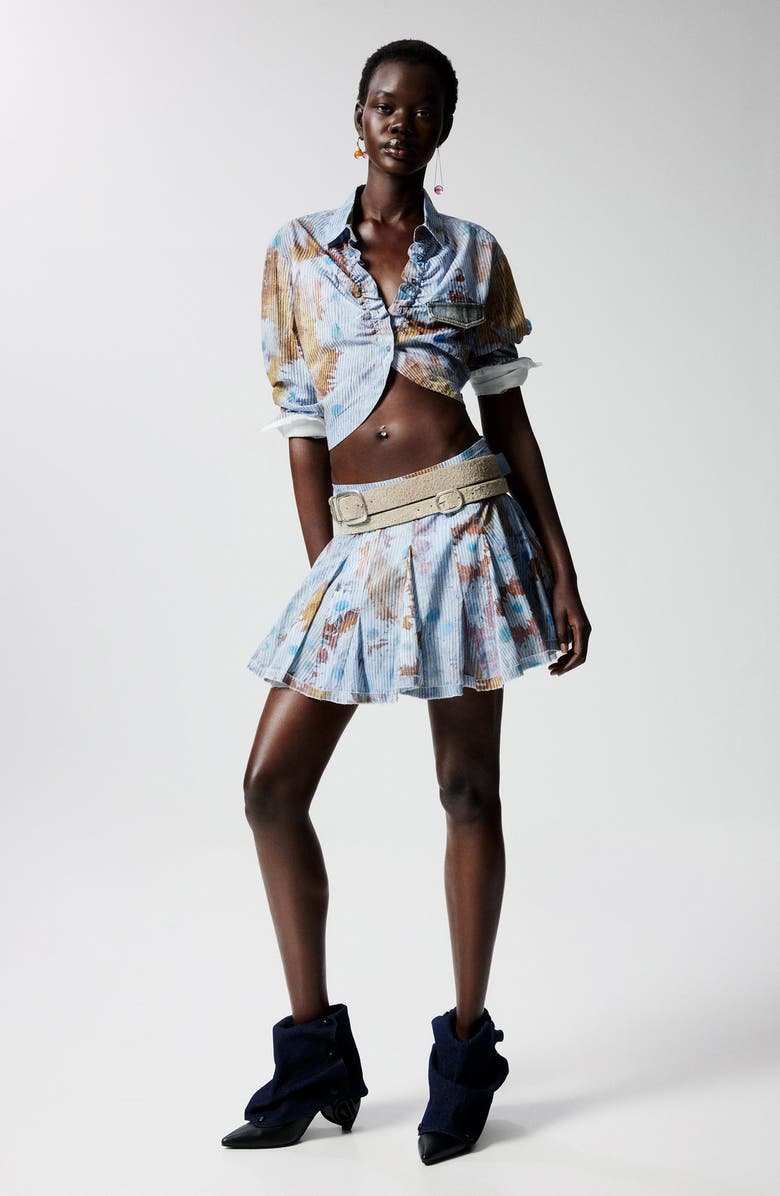 Desigual Floral Cotton Rib Knit Crop Button-Up Shirt, Alternate, color, Blue