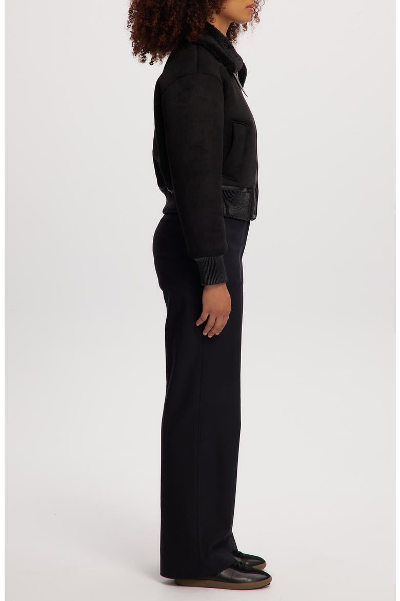 Fannie Faux Fur Collar Faux Suede & Faux Leather Crop Bomber Jacket, Alternate, color, BLACK