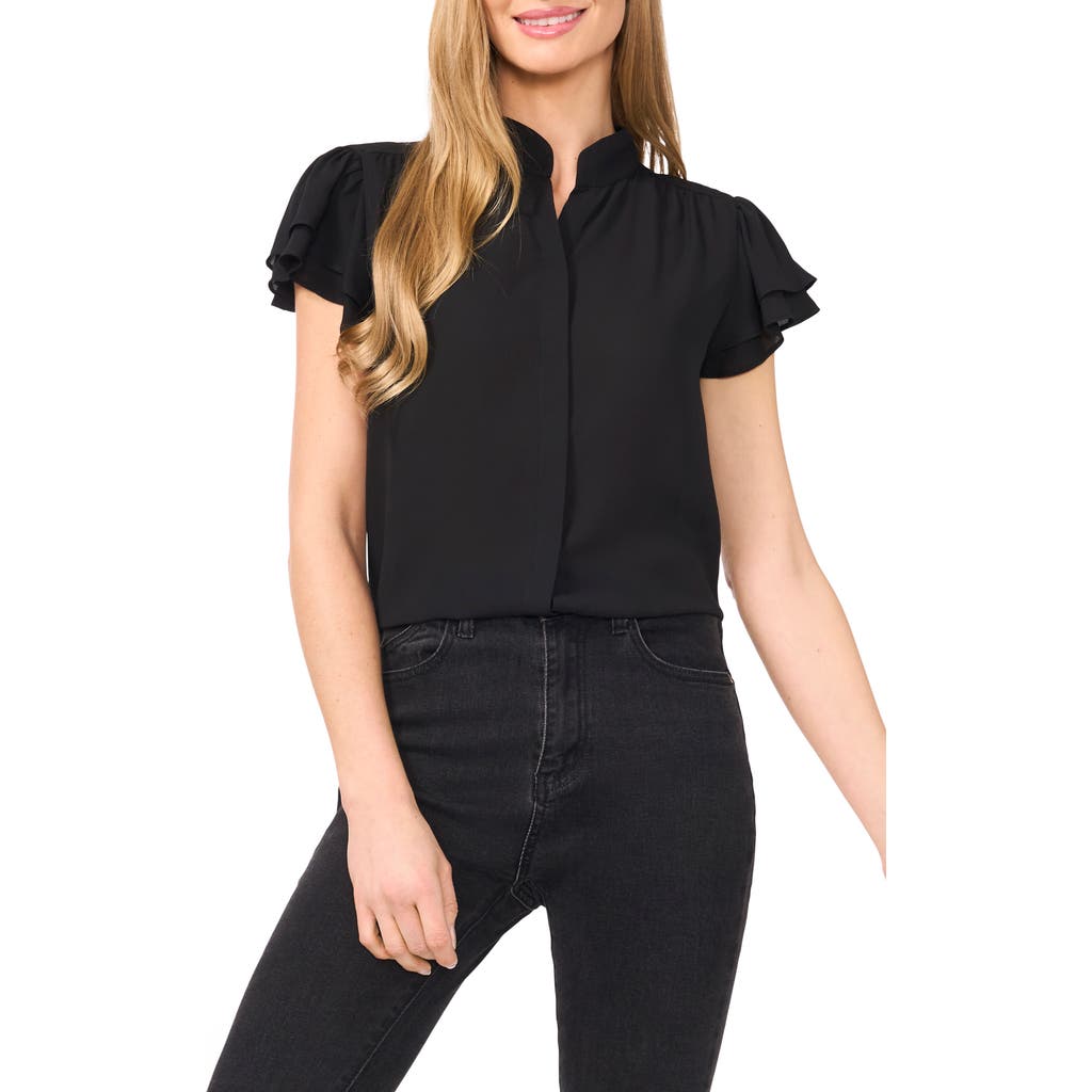 Shop Cece Flutter Sleeve Georgette Top In Rich Black