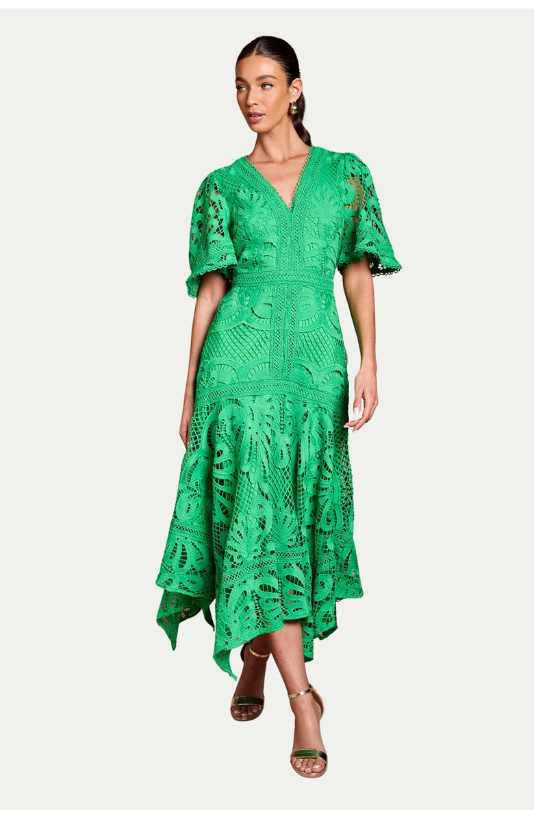 Coast Placement Lace Hanky Hem Dress, Main, color, Green
