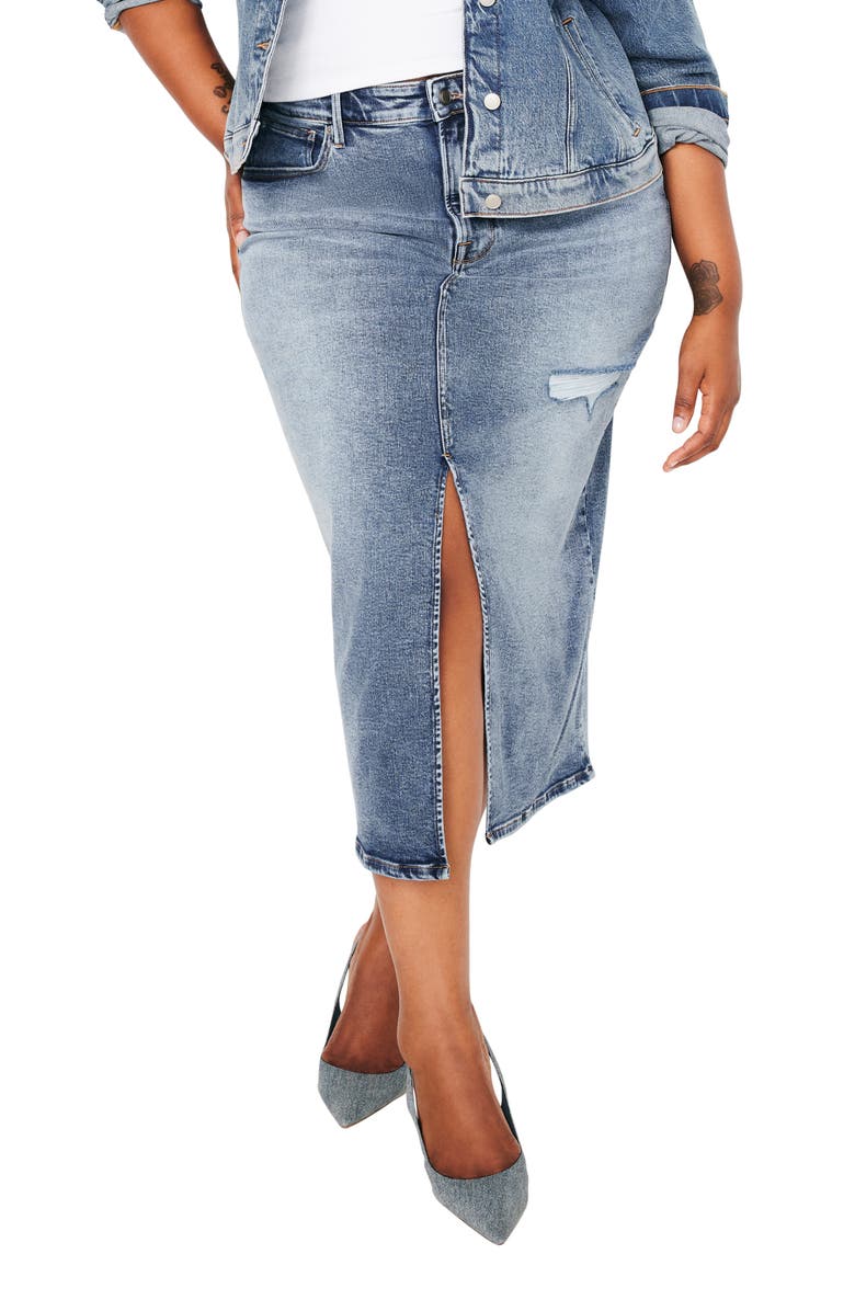 Good American Front Slit Denim Midi Skirt, Alternate, color, 