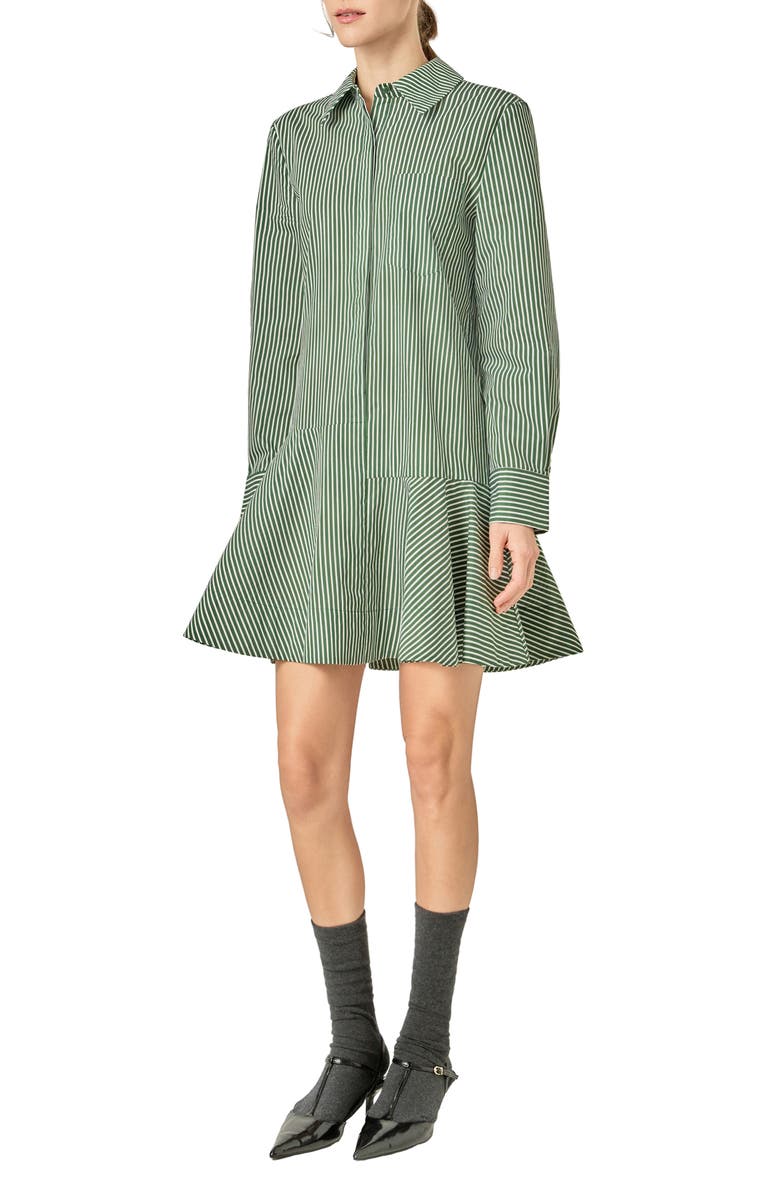 English Factory Stripe Ruffle Hem Long Sleeve Shirtdress, Alternate, color, Dark Olive