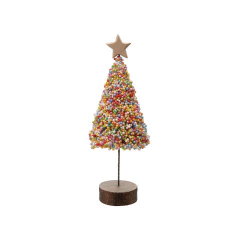 Foam Microbeads and Resin Christmas Tree with Wood Slice Base and Star, Multicolor