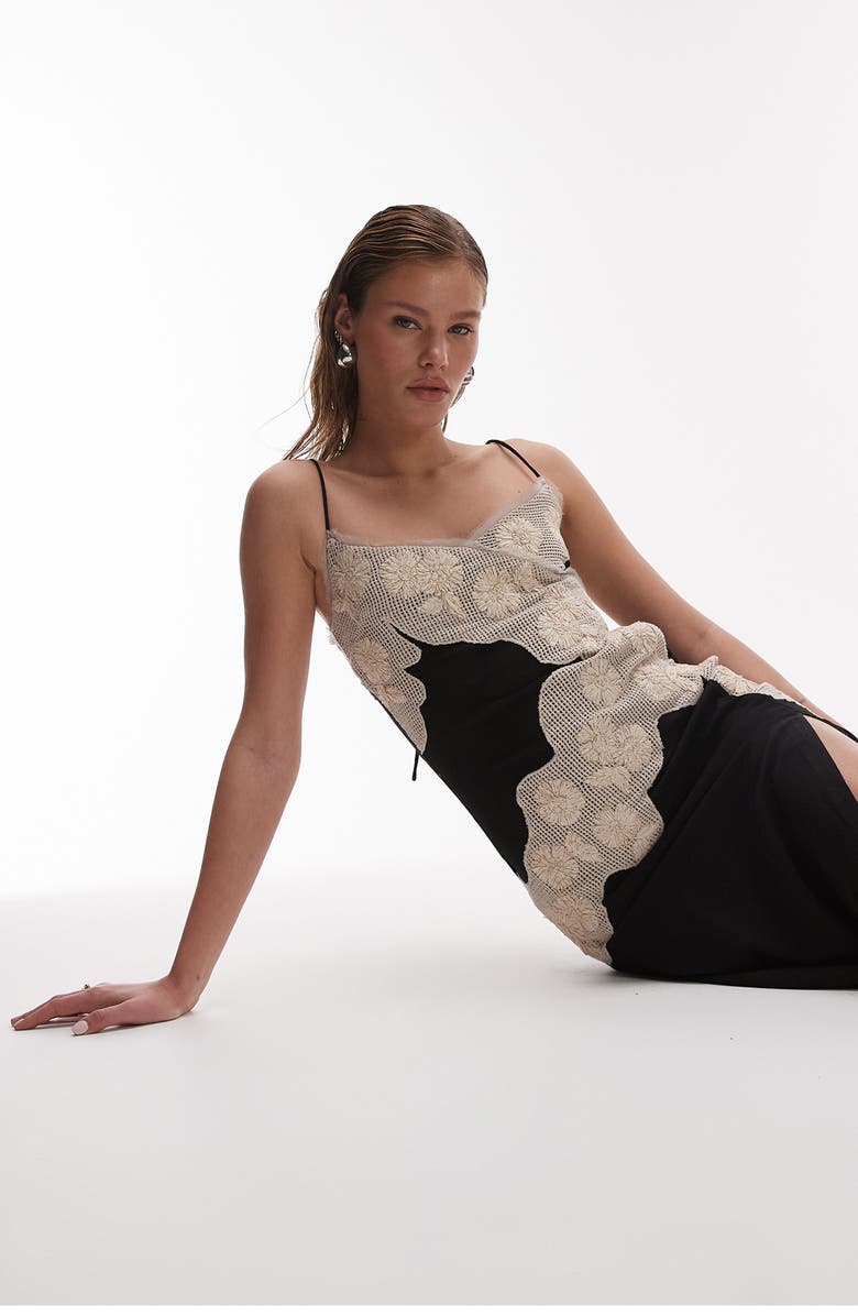 Topshop Embroidered Floral Cotton Midi Dress, Alternate, color, Black