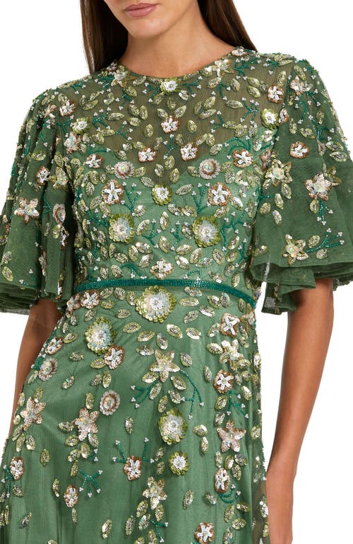 Mac Duggal Floral Embellished Flutter Sleeve Midi Dress In Green