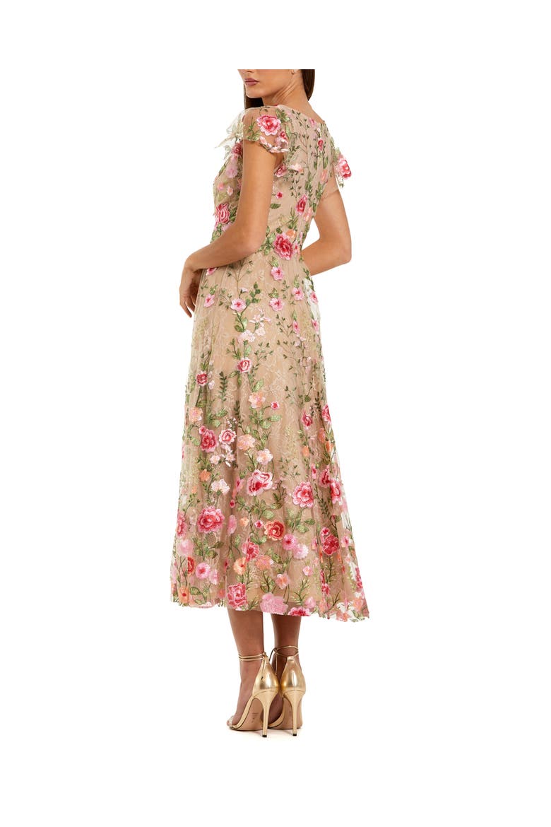 Embroidered Cap Sleeve V Neck Ankle Dress, Alternate, color, Nude Multi