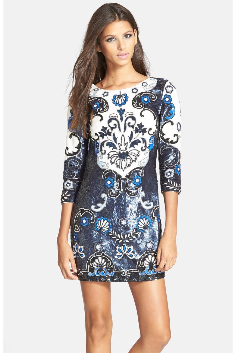 'Midnight' Floral Sequin Shift Minidress, Main, color, DARK BLUE