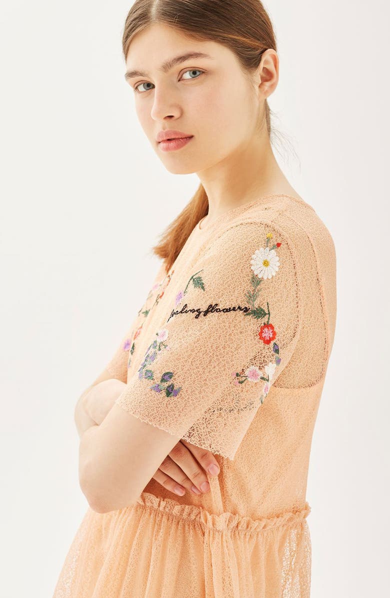 Topshop Embroidered Mesh Midi Dress, Alternate, color, Peach