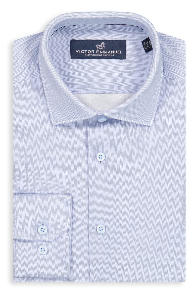 Modern Fit Herringbone Print Comfort Stretch Knit Dress Shirt, Alternate, color, LIGHT BLUE
