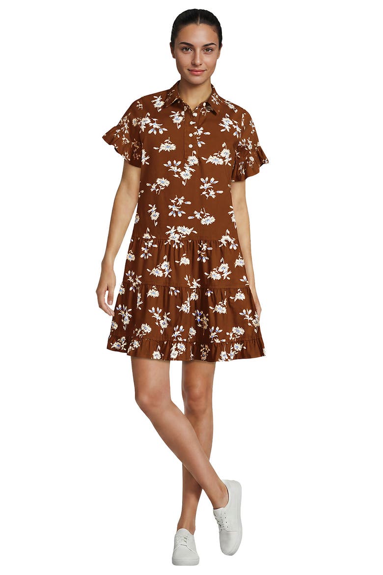 Poplin Flutter Sleeve Knee Length Popover Dress, Alternate, color, Rich Ginger Brown Floral